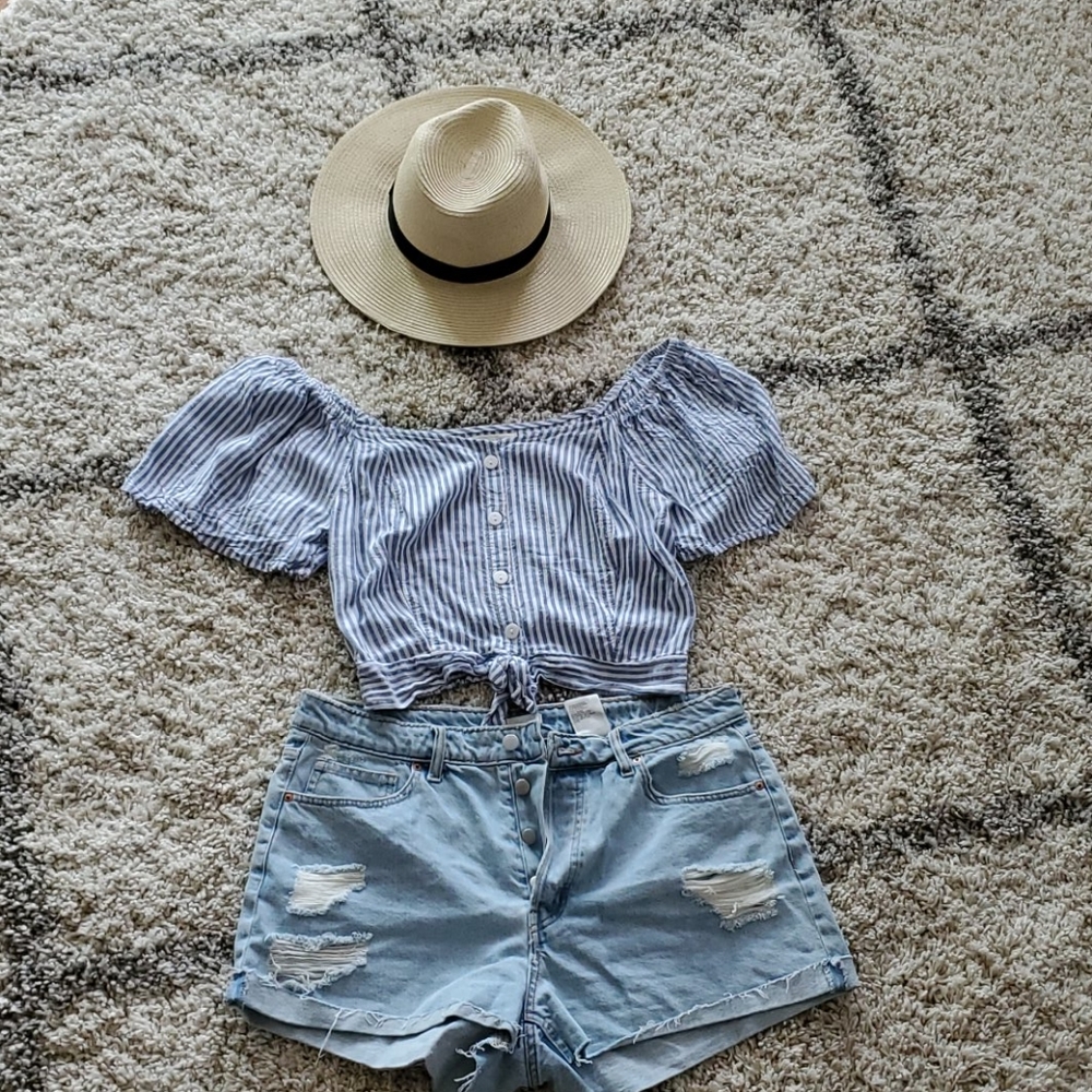 White and blue striped crop top